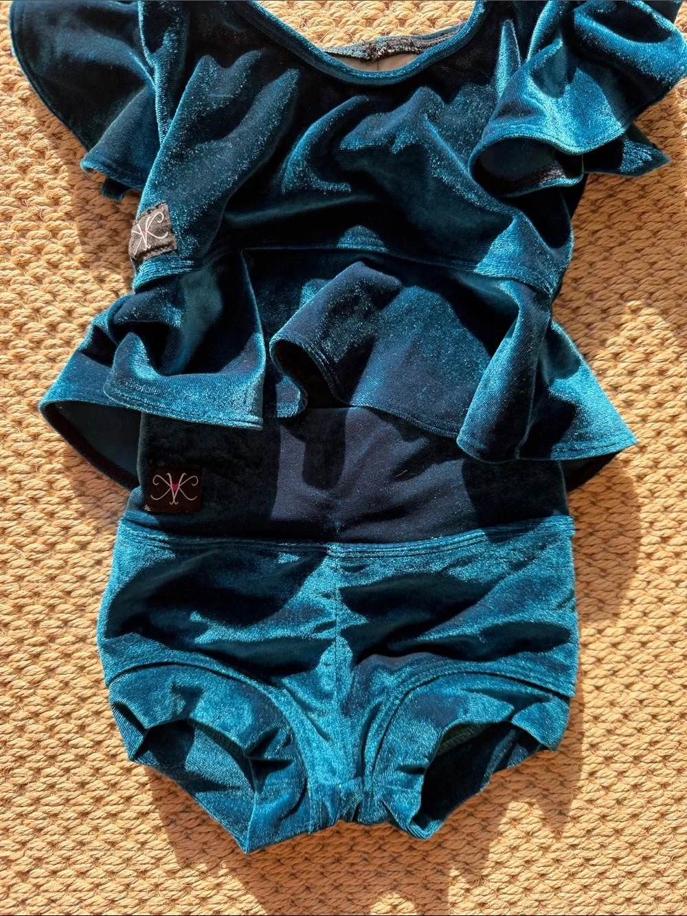 Kandi Kouture Girls Teal Velvet Ruffle Dance Leotard Costume size child small
